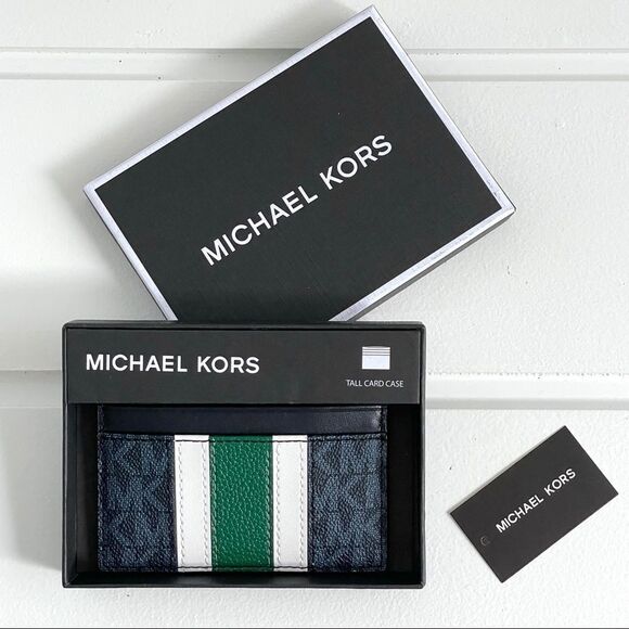 Michael Kors Hudson Logo Stripe Card Case Wallet In Admiral Blue & Jewel Green
